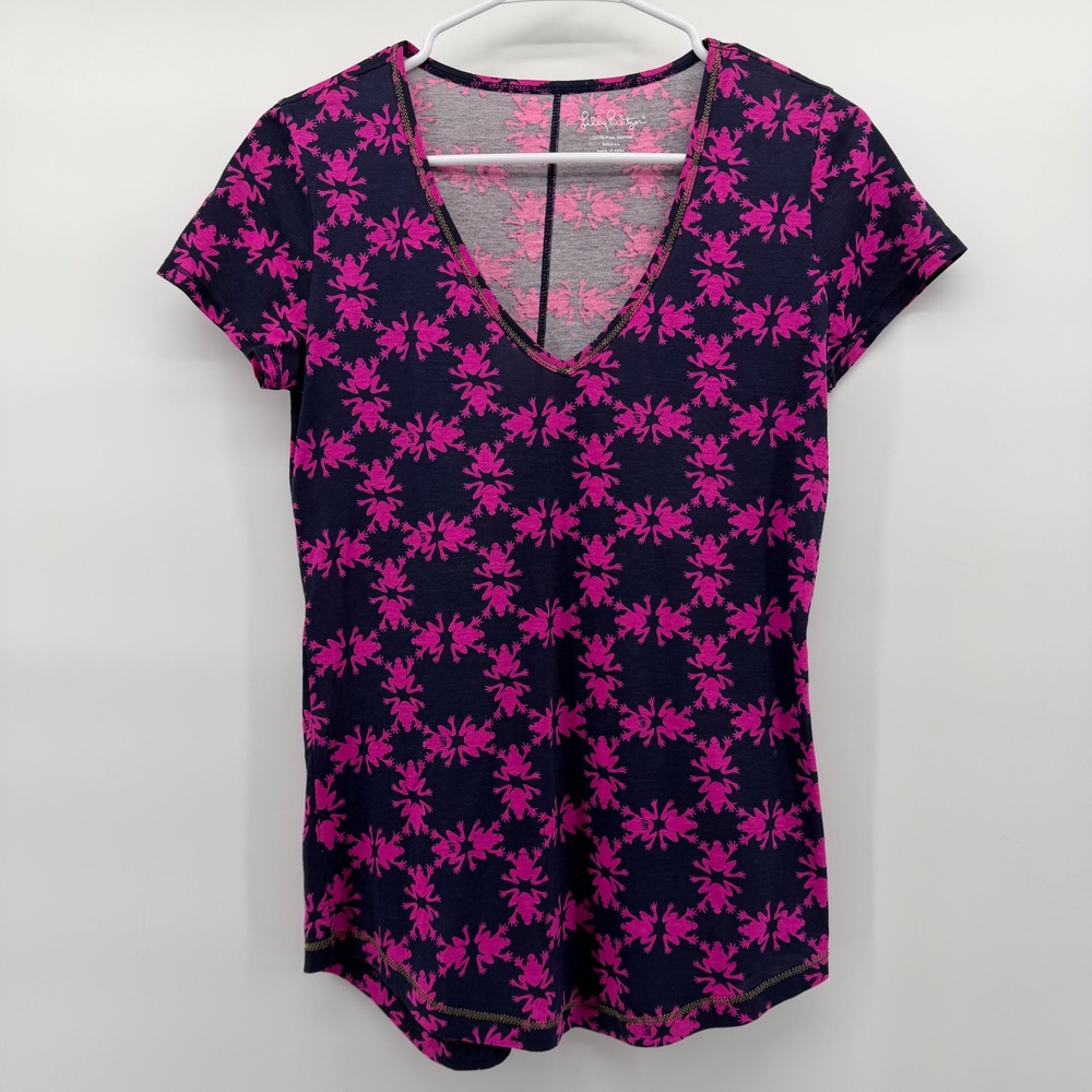 Lilly Pulitzer T-Shirt Womens Small Navy Pink Frog Print Pima Cotton V-Neck